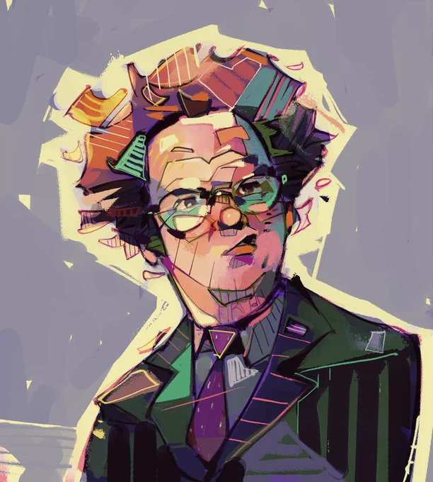 A messy portrait of a character portrayed by John C. Reilly, named Dr. Steve Brule, originally appearing on the Tim & Eric show and then starring in his own spinoff series.  He has a curly explosion of brown hair, wears spectacles, and features an expression of characteristic befuddlement.  He wears a drab green suit over a spotted maroon tie and grey dress shirt.