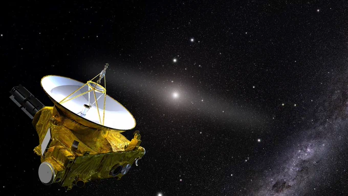This artist’s illustration shows NASA’s New Horizons spacecraft in the outer solar system. In the background lies the Sun and a glowing band representing zodiacal light, caused by sunlight reflecting off of dust. (Joe Olmsted/STScI)