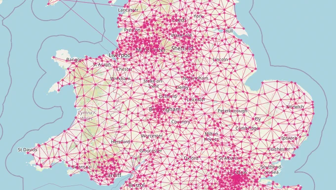 A map of part of the Slow Ways network, covering Wales and the middle of England. We can see all towns and cities connected by straight lines, revealing the structure of the walking network.
