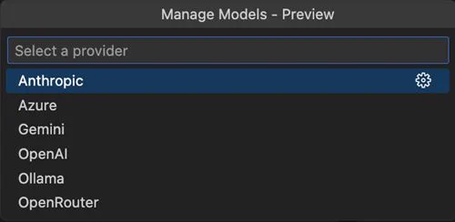 A screenshot from VS Code showing the Manage Models picker with Select a provider dropdown showing Anthropic, Azure, Gemini, OpenAI, Ollama, and OpenRouter