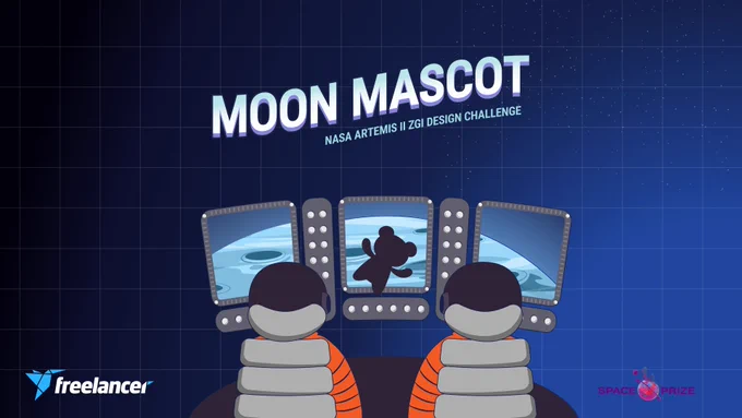Cartoon of two astronauts inside of a space capsule with Earth visible out the windows. Between them, the shadow of a small plush animal floats. Along with the title Moon Mascot NASA Artemis 2 ZGI Design Challenge