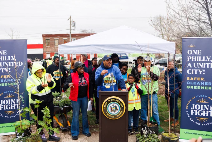 Office of Clean and Green Director, Carlton Williams, Mayor Cherelle L. Parker and more at a press conference for the Philly Spring Cleanup