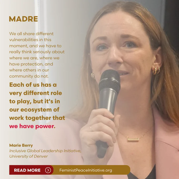 Image of Marie Berry speaking into a microphone. The quote beside her reads: "We all share different vulnerabilities in this moment, and we have to really think seriously about where we are, where we have protection, and where others in our community do not. Each of us has a very different role to play, but it's in our ecosystem of work together that we have power."