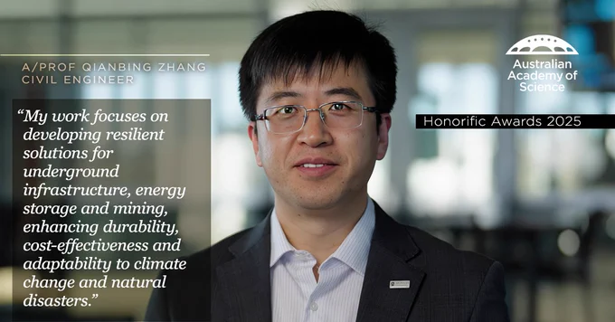 Image of A/Prof Qianbing Zhang, a civil engineer, with a quote about their work on resilient infrastructure. Logo of the Australian Academy of Science and text indicating Honorific Awards 2025 are also visible.