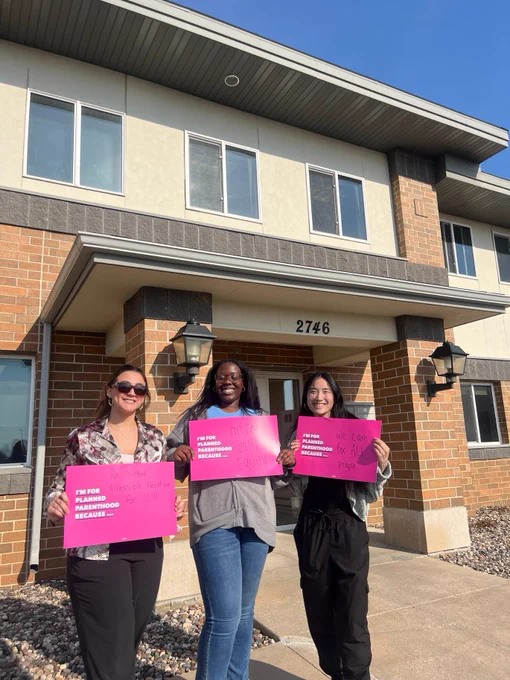 [image descriptions: photos of Planned Parenthood Generation Action students advocating for Medicaid with "I'm for Planned Parenthood" signs at U.S. Rep. Brad Finstad's office.]