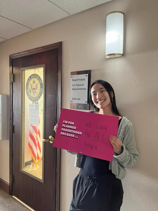 [image descriptions: photos of Planned Parenthood Generation Action students advocating for Medicaid with "I'm for Planned Parenthood" signs at U.S. Rep. Brad Finstad's office.]