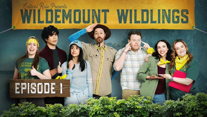 Campers Marisha Ray, Aleks Le, Libe Barer, Game Master Riegel, and campers Brennan Lee Mulligan, Eden Riegel, and Ashley Johnson pose against a forest backdrop in this thumbnail overlaid with text reading Wildemount Wildlings, Episode 1