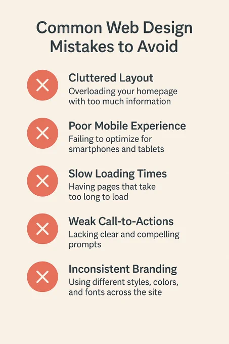 Common Web Design Mistakes to Avoid
"A beautiful website isn't enough—it needs to work well too. Here are 5 common web design mistakes that could be hurting your conversions:

❌ Cluttered Layout – Overloading your homepage with too much info can overwhelm visitors.
❌ Poor Mobile Experience – If your site isn’t responsive, you're losing mobile users fast.
❌ Slow Loading Times – A delay of even 2 seconds can increase bounce rate.
❌ Weak Call-to-Actions – Don’t make visitors guess what to do next. Guide them clearly.
❌ Inconsistent Branding – Fonts, colors, and messaging should align across every page.

Want to avoid these pitfalls and build a powerful online presence? Let’s chat! Your website should be working for you, not against you."

#WebDesignMistakes #WebsiteTips #UIUX #WebDesigner #WordPressDesign #WixWebDesign #SquarespaceSites #WebsiteOptimization #SmallBusinessWebsite