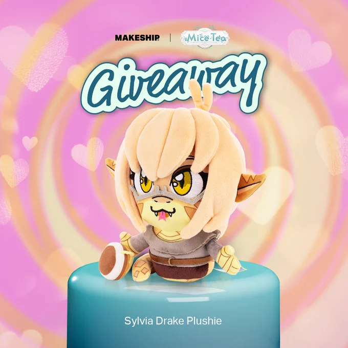 A plush of Sylvia Drake, a yellow snake woman in a sweater and skirt. Text above her says Giveaway and above that the Makeship and Mice Tea logos