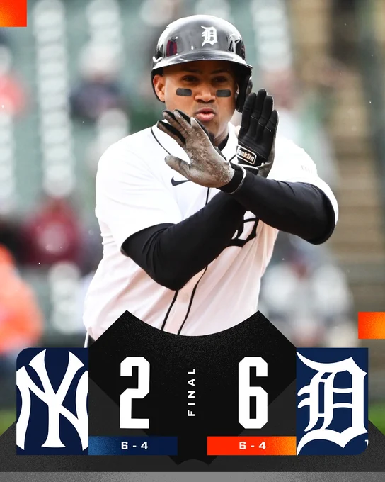 Final Score Graphic (4/7/25)
Yankees 2 (6-4), Tigers 6 (6-4)
Pictured: Andy Ibañez celebrates as he rounds the bases after hitting a home run. He wears a white Tigers jersey with a dark blue batting helmet.