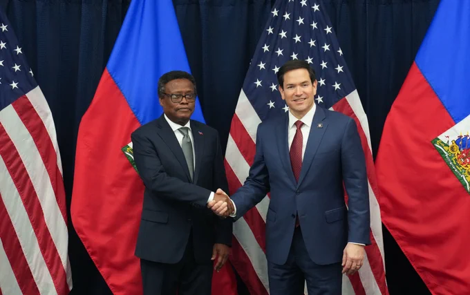 Secretary Marco Rubio meets with Haitian Transitional Presidential Council President Fritz Jean in Kingston, Jamaica, March 26, 2025. (Official State Department photo by Freddie Everett)
