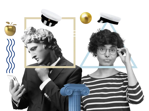 Apollo och en människa med studentmössor.
