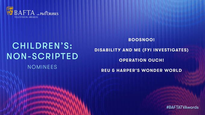 A blue graphic card with pink and peach rippled circles. The card is titled "Children’s Non-Scripted” and the iconic BAFTA mask sits to the top left of the card with a typographic logo that reads 'Television Awards' with the P&O Cruises logo beside it.  The nominees are listed on the right-hand side in alphabetical order. 
