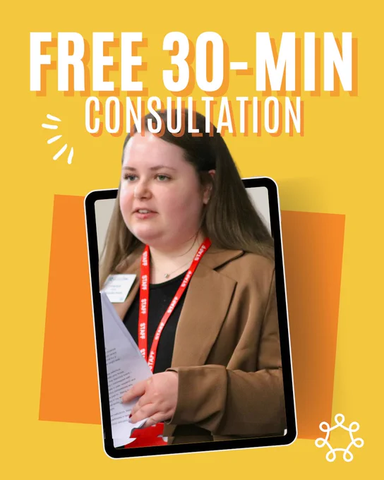 text reading 'free 30 min consultation' with an image of a young person popping out of a tablet screen
