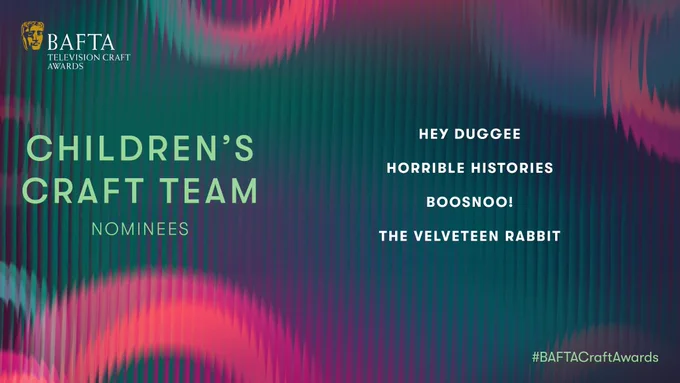 A forest green graphic card with pink, purple and teal rippled circles. The card is titled "Children’s Craft Team” and the iconic BAFTA mask sits to the top left of the card with a typographic logo that reads 'Television Craft Awards'.  The nominees are listed on the right-hand side in alphabetical order.