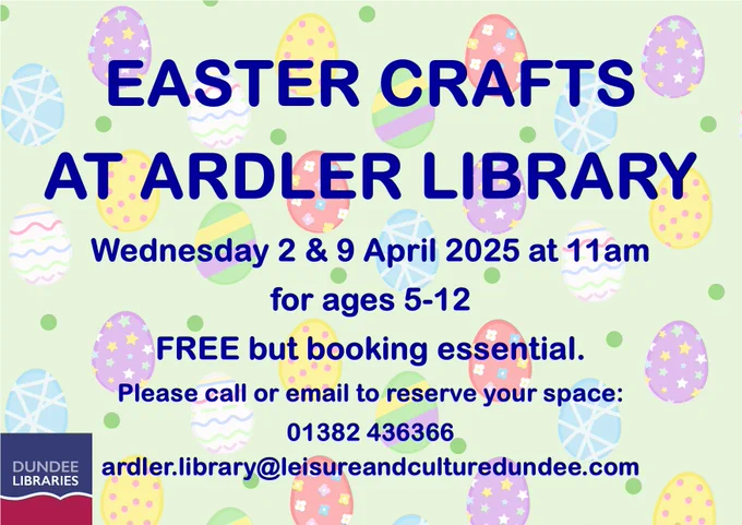 Poster advertising kids crafts at Ardler Library, 11am on 2 & 9 April
