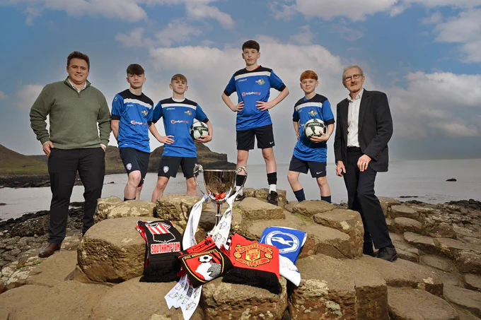 Coleraine Academy players Noah Tohill, Corin Burns, Peter Whyte and Alfie Glenn pictured with Victor Leonard, Chairperson of the Budget Energy SuperCupNI; and Karl Bradley, Marketing Executive at Budget Energy announcing the stellar Boys’ Premier Section line-up for the 2025 Budget Energy SuperCupNI. English Premier League giants Manchester United, Brighton & Hove Albion, Bournemouth and Southampton will headline an elite group of international and homegrown teams competing in the prestigious youth tournament, taking place from Sunday 27th July to Friday 1st August.