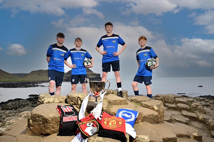 Coleraine Academy players Noah Tohill, Corin Burns, Peter Whyte and Alfie Glenn pictured announcing the stellar Boys’ Premier Section line-up for the 2025 Budget Energy SuperCupNI. English Premier League giants Manchester United, Brighton & Hove Albion, Bournemouth and Southampton will headline an elite group of international and homegrown teams competing in the prestigious youth tournament, taking place from Sunday 27th July to Friday 1st August.
