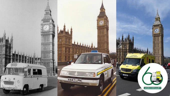 Photo shows ambulance vehicles from three different eras driving past Big Ben.