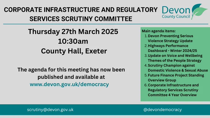 Information slide about the Corporate Infrastructure and Regulatory Services Scrutiny Committee meeting on Thursday 27th March 2025.