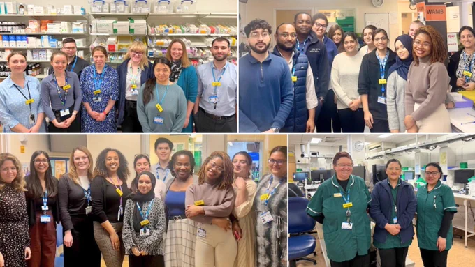 Group of healthcare professionals smiling in a hospital setting across three different images, wearing lab coats and scrubs, some with ID badges visible.