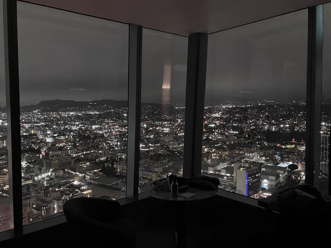 Photo of LA skyline at night.