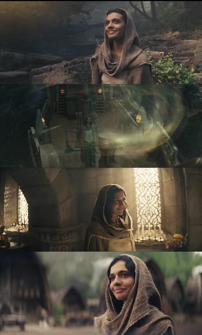 4 stills of Egwene from season 3 episode 5 of The Wheel of Time. In all 4 she in the Tel’aran’rhiod and is standing and smiling. She is wearing wise one apprentice clothes with a brown hood scarf/shawl over her head.

1st: looking up while in a Forrest
2nd: on a ship surrounded by weaves of the one power
3rd: in a room in the white tower
4th: in the two rivers