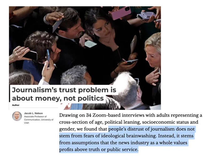 Screenshot of Jacob Nelson's article in The Conversation about his research related to trust in media and money