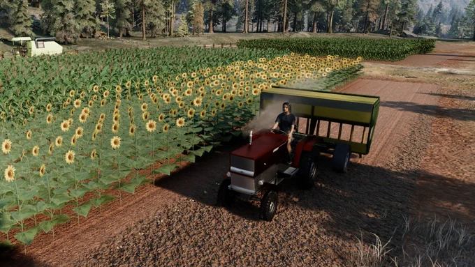 A screenshot from Ranch Simulator showing a female rancher on a tractor with a cultivator attachment on the back. The land is being cultivated, and various crops can be seen in the field, with trees in the background.