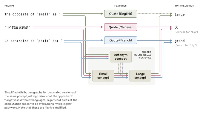 Shared features exist across English, French, and Chinese, indicating a degree of conceptual universality.