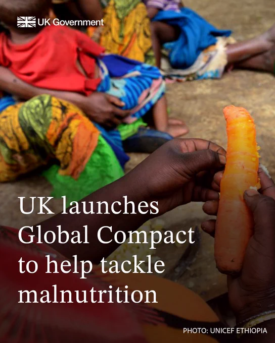 Picture of child peeling carrots. Text reads: UK launches Global Compact to help tackle malnutrition. Photo credits belong to UNICEF Ethiopia