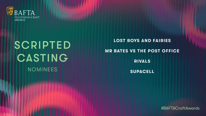 A forest green graphic card with pink, purple and teal rippled circles. The card is titled "Scripted Casting” and the iconic BAFTA mask sits to the top left of the card with a typographic logo that reads 'Television Craft Awards'.  The nominees are listed on the right-hand side in alphabetical order.