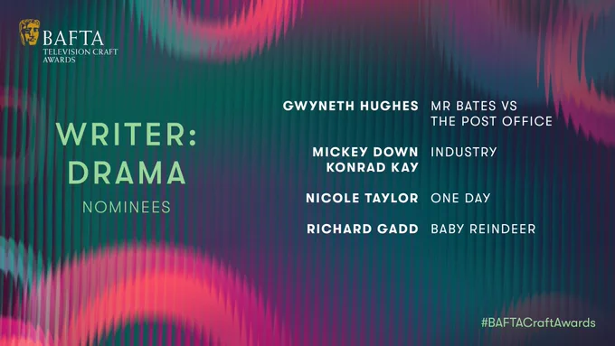 A forest green graphic card with pink, purple and teal rippled circles. The card is titled "Writer: Drama” and the iconic BAFTA mask sits to the top left of the card with a typographic logo that reads 'Television Craft Awards'.  The nominees are listed on the right-hand side in alphabetical order.