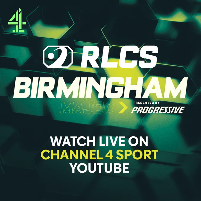 Promotional graphic for the RLCS Majors in Birmingham. Text reads 'RLCS, Birmingham Major. Presented by Progressive. Watch Live on Channel 4 Sport YouTube.'