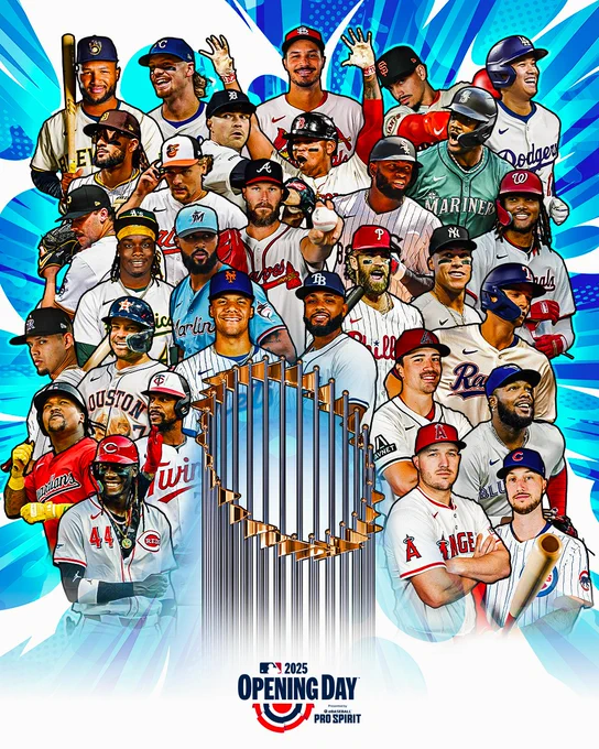 Opening Day 2025 presented by eBaseball Pro Spirit
Pictured: Cutouts of Mike Trout, Jose Altuve, Lawrence Butler, Vladimir Guerrero Jr., Chris Sale, Jackson Chourio, Nolan Arenado, Kyle Tucker, Corbin Carroll, Shohei Ohtani, Willy Adames, José Ramírez, Julio Rodríguez, Sandy Alcantara, Juan Soto, James Wood, Gunnar Henderson, Fernando Tatis Jr., Bryce Harper, Paul Skenes, Corey Seager, Junior Caminero, Rafael Devers, Elly De La Cruz, Ezequiel Tovar, Bobby Witt Jr., Tarik Skubal, Byron Buxton, Luis Robert Jr., Aaron Judge and the Commissioner's Trophy. 
