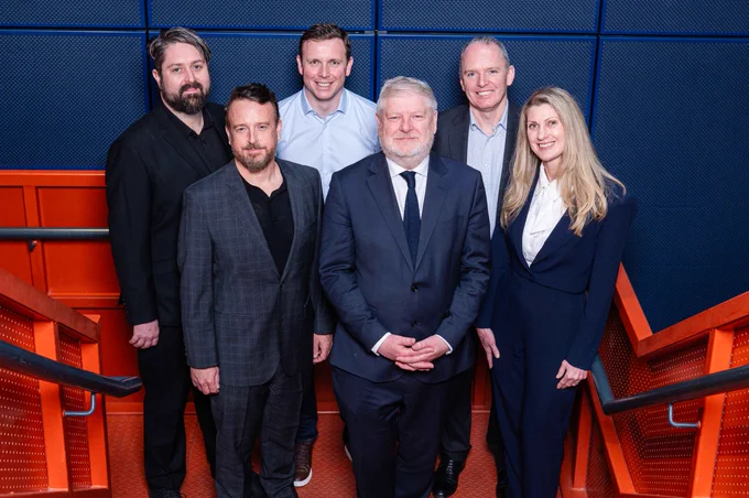 Image of Grant Olin, Chris Ferriter and Francesca Segarra all of Halon, with Steven Little from Screen Scotland, Angus Robertson MSP, Scotland's Culture Secretary and Adrian Gillespie, Scottish Enterprise CEO.