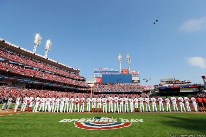 The Cincinnati Reds line up for Opening Day introductions and look skyward during a military flyover in 2019. (Alex Trautwig/MLB Photos)