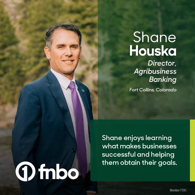 Portrait of Shane Houska, Director of Agribusiness Banking at FNBO, Fort Collins, Colorado. Text: Shane enjoys learning what makes businesses successful and helping them obtain their goals.