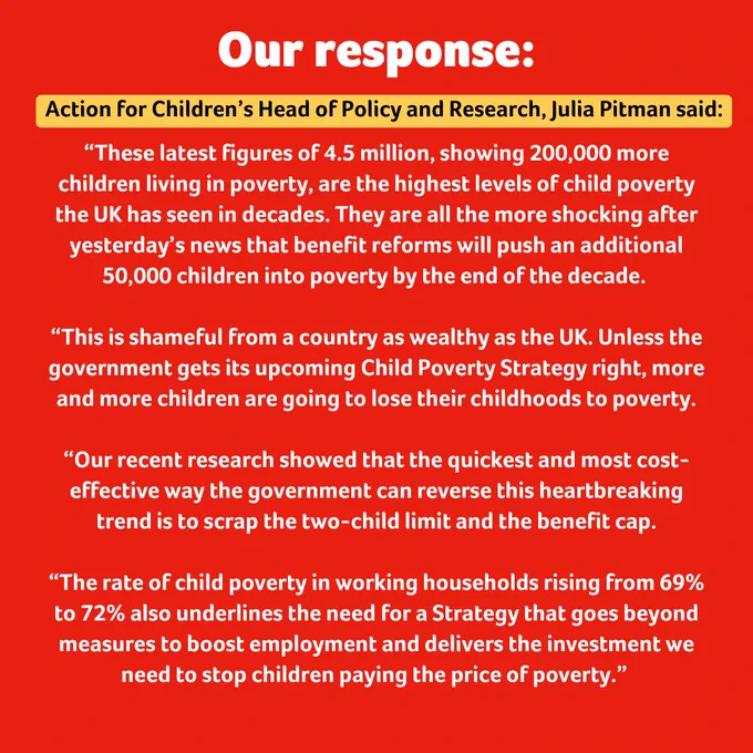 Graphic featuring quotes from Julia Pitman, Head of Research at Action for Children, discussing the impact of poverty on children in the UK, and the need for policy changes to improve child poverty rates.