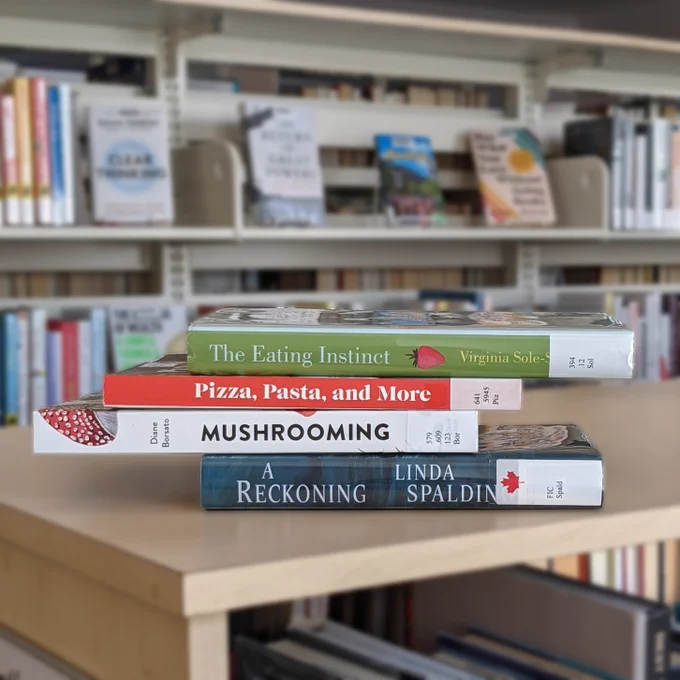 Book spine poem reading:

The eating instinct
pizza, pasta and more
mushrooming
a reckoning