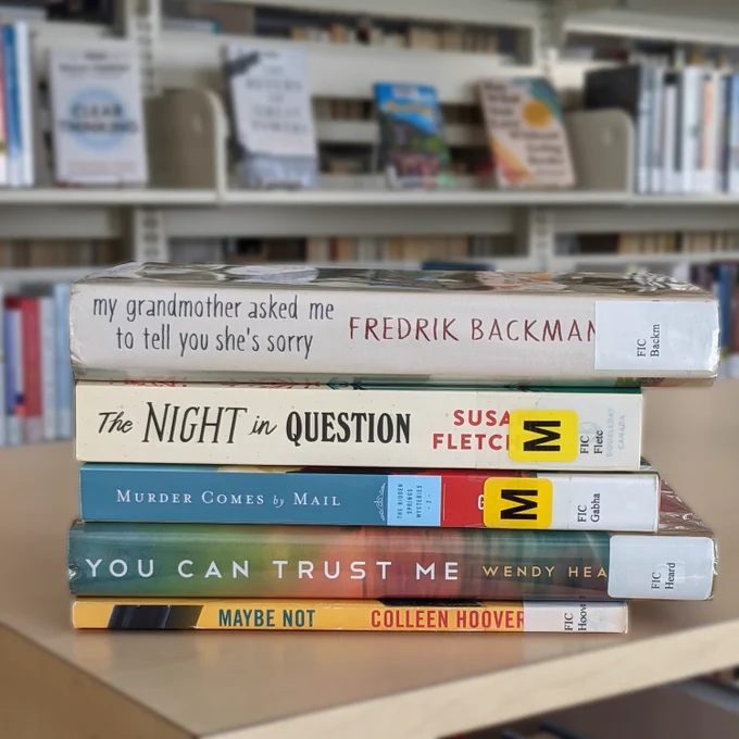 Book spine poem reading:

my grandmother asked me to tell you she's sorry
The night in question
Murder comes by mail
you can trust me
maybe not