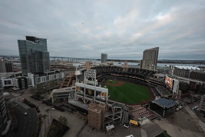 Photo of the sunrise over Petco Park on Opening Day.