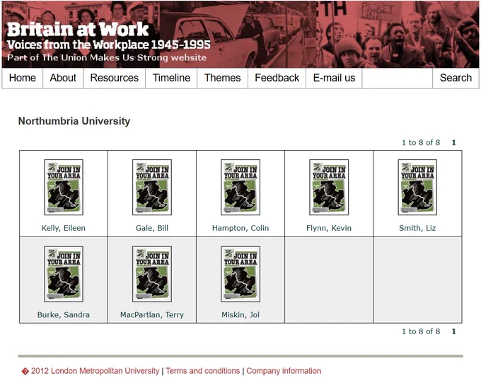 Screenshot of eight interviews Bill (Ashington Community Initiative Centre), Colin (Derbyshire), Eileen (Women's groups in Merseyside), Jol (Sheffield), Kevin (National), Liz (Merseyside), Sandra (Sheffield) and Terry (Tyne & Wear) on the Britain at Work website