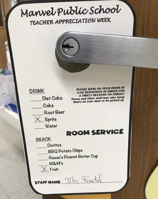 A door hanger that invites teachers to select a drink and snack for Teacher Appreciation Week "room service."