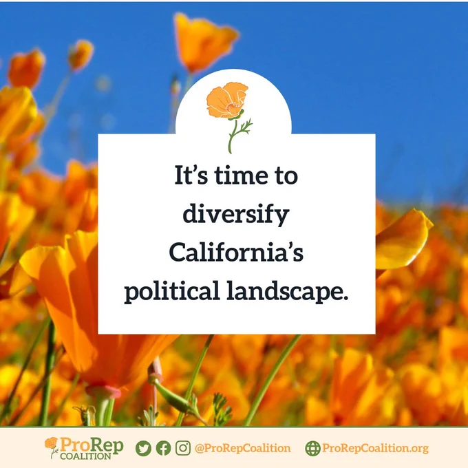 A field of California poppies with the text: "It's time to diversify California's political landscape."

ProRep Coalition, @ProRepCoalition, ProRepCoalition.org