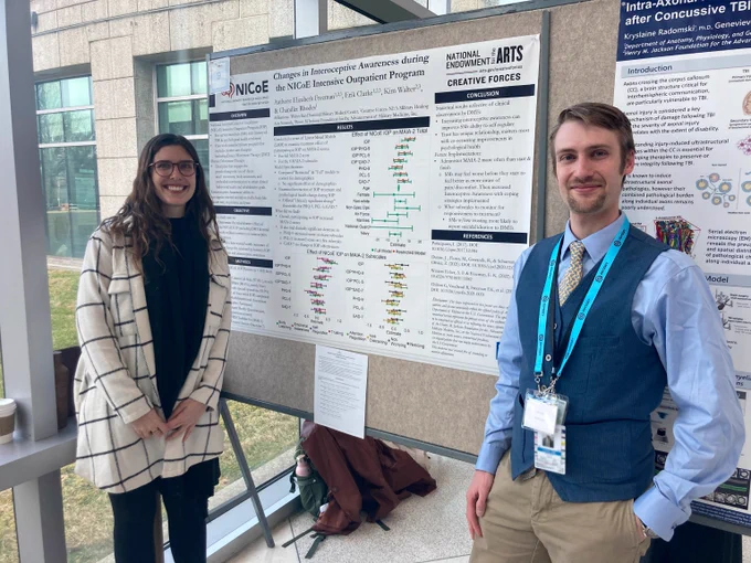 Two researchers standing on either side of a poster. The poster is titled 'Changes in Interoceptive Awareness during the NICOe Intensive Outpatient Program' and displays various charts, graphs, and research findings. On the left is a woman wearing a light-colored coat, and on the right is a man in a blue vest and dress shirt with a conference badge. The NEA and Creative Forces logos are visible in the top right corner of their poster.