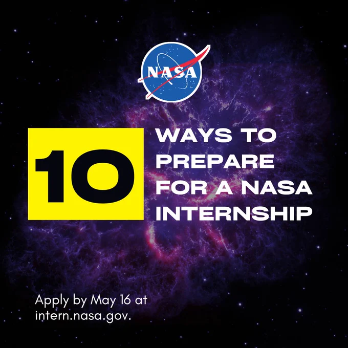 10 Ways to Prepare for a NASA internship; the background of the image is a composite view of the Crab Nebula, as viewed by the Herschel Space Observatory and the Hubble Space Telescope; the bottom left of the slide reads "Applications close May 16 at intern.nasa.gov" in the top center of the image the iconic red, white, and blue NASA meatball logo is prominent.

Credit: NASA