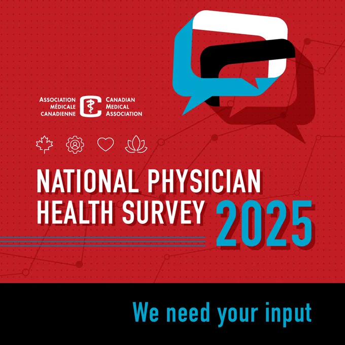 CMA National Physician Health Survey 2025. A red backdrop with several logos.