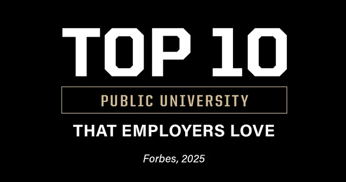 Graphic with the text 'Top 10 Public University That Employers Love', sourced from Forbes, 2025, displayed in white text on a black background.