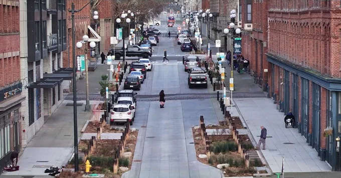 Birds-eye view of a revamped Pioneer Square street.